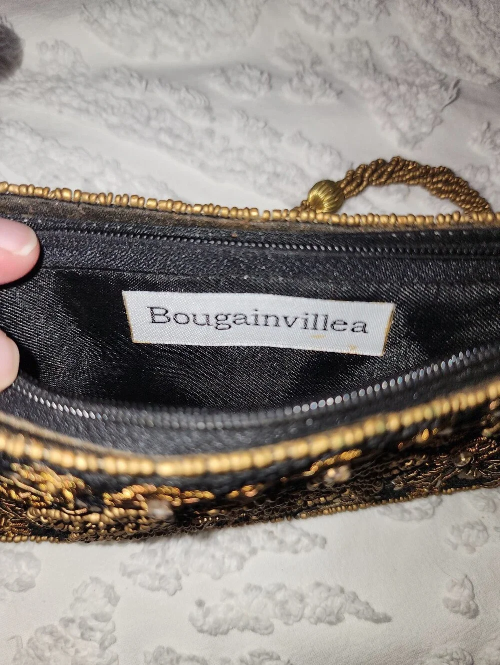 Bougainvillea Brown Bag With Bronze Stitching, Beaded Handle & Embellishments